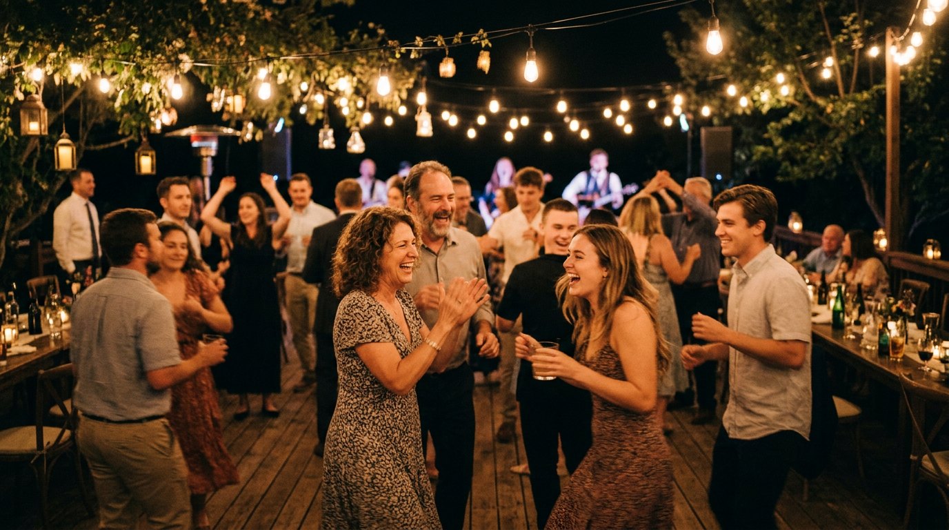 Family dancing at a night celebration under string lights