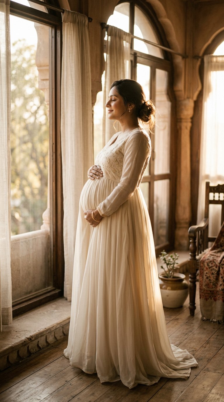 Pregnant woman in an ivory gown by a sunlit window