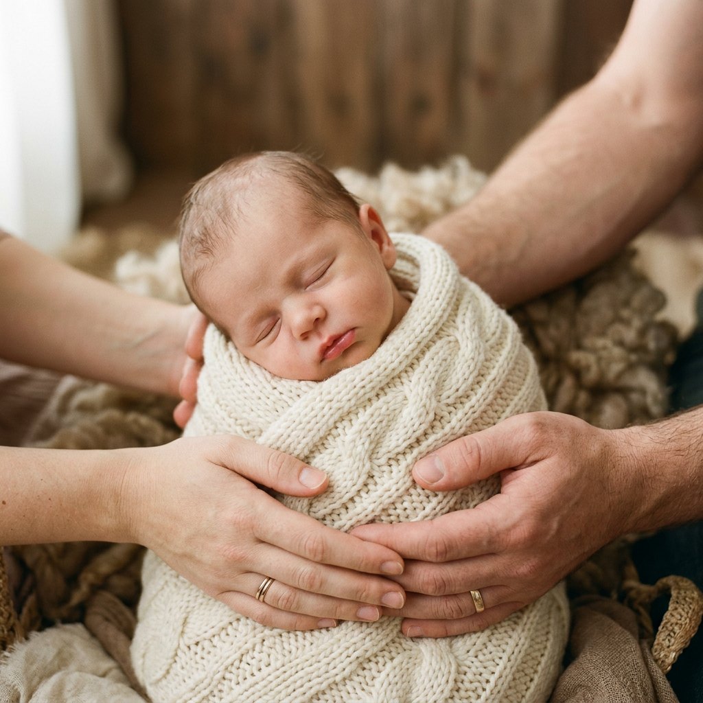 Newborn baby sleeping in a cream knit blanket held by parents