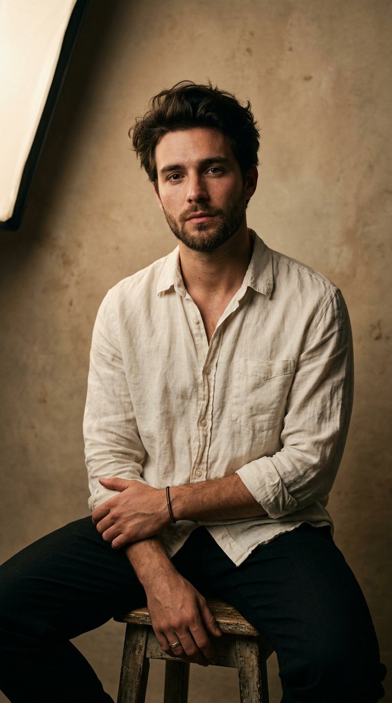 Studio portrait of a man in a linen shirt with dramatic lighting