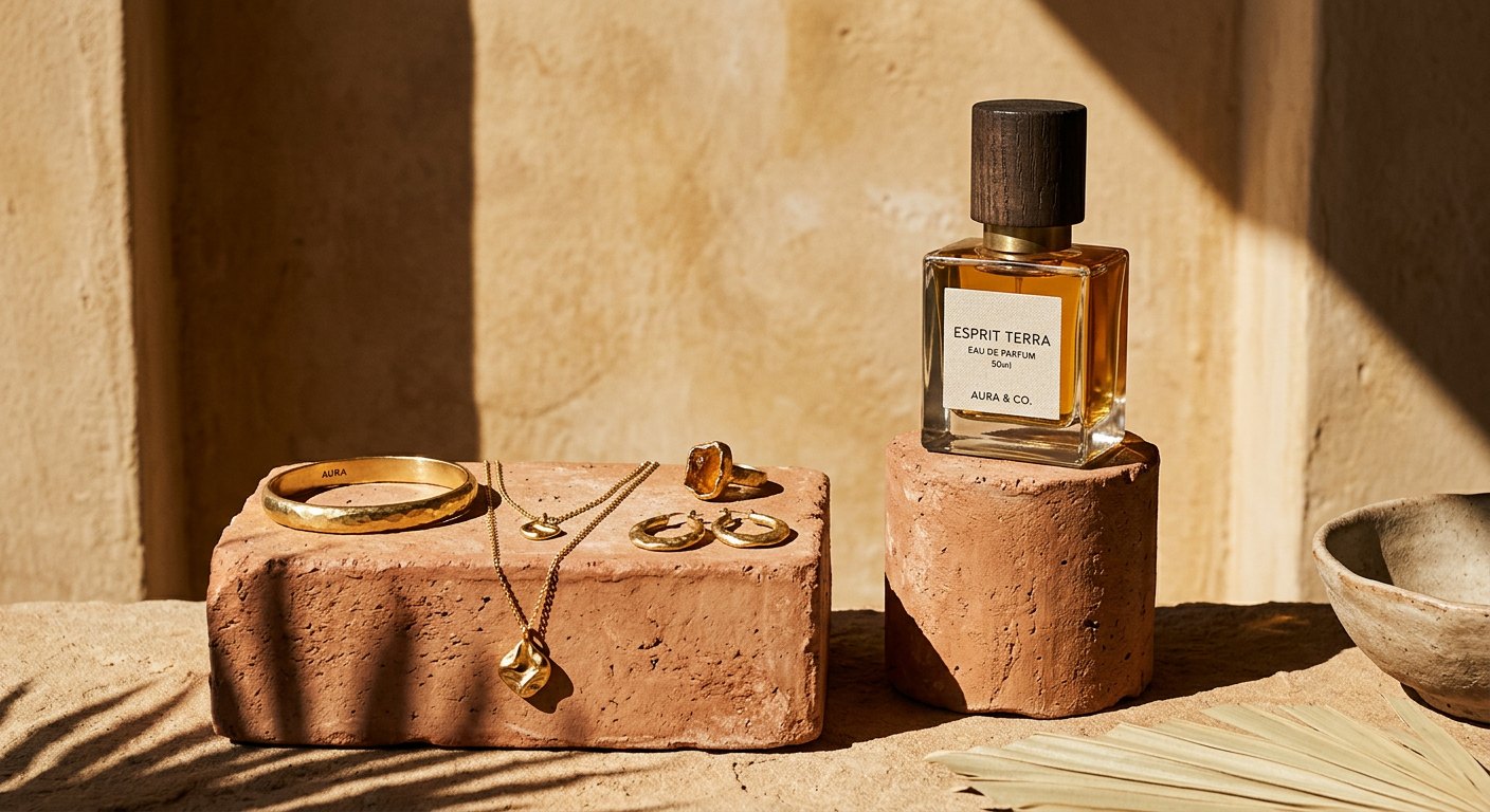 Gold jewellery and perfume on terracotta pedestals