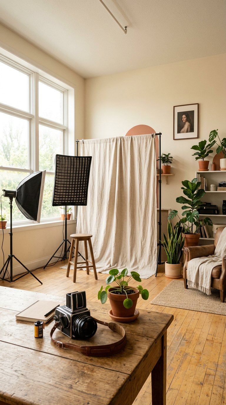 Inside Veera Photo Studio with large windows, linen backdrop and softbox lights