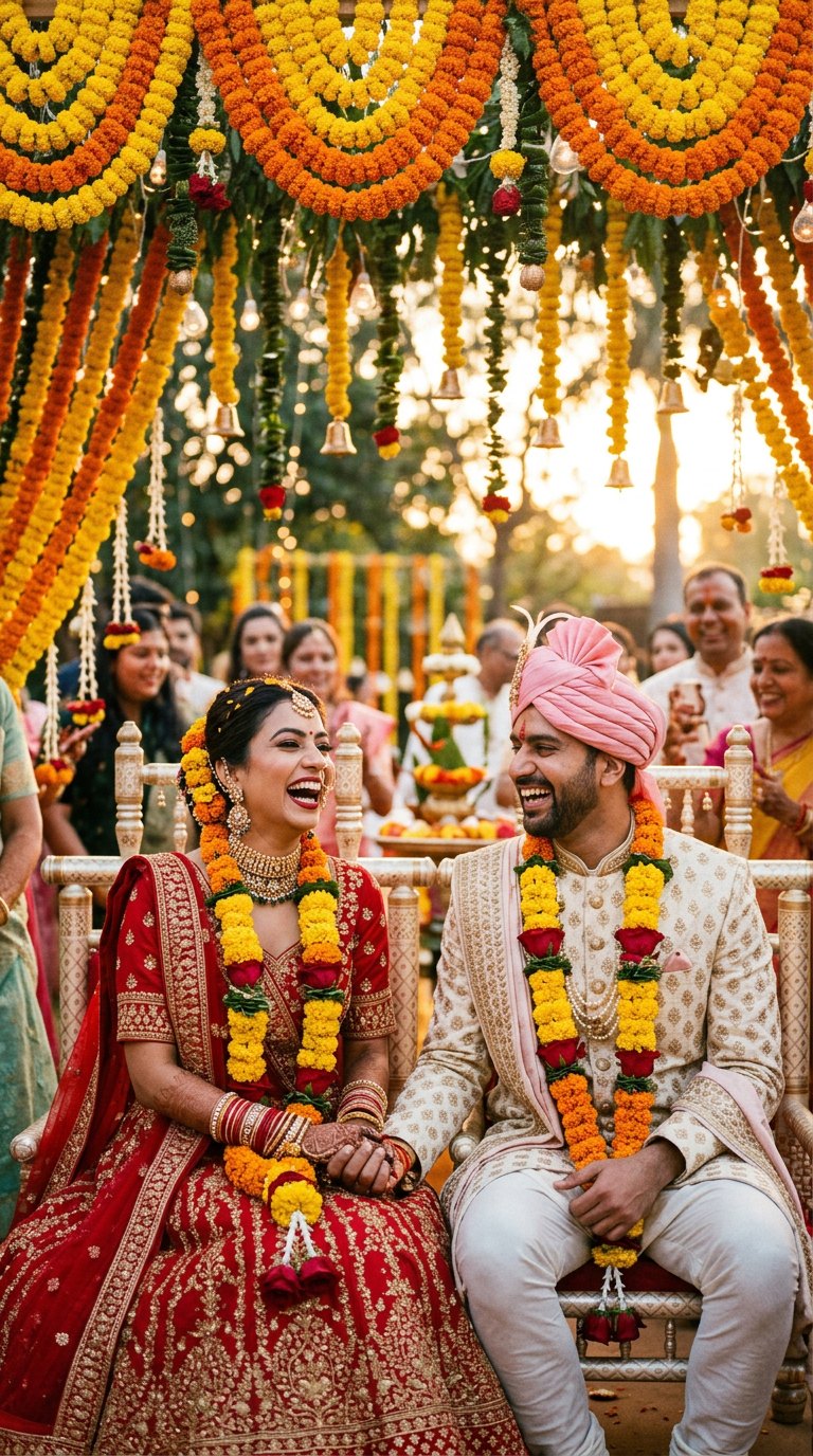 Couple laughing during their wedding ceremony under marigold decorations